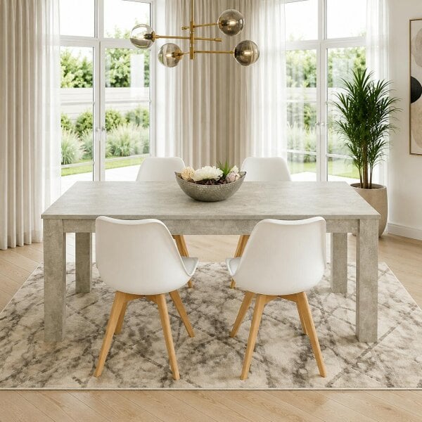 Kosy Koala Stone Grey Effect Wood Dining Table Set with 4 White Plastic Chairs Modern Dining Room Furniture