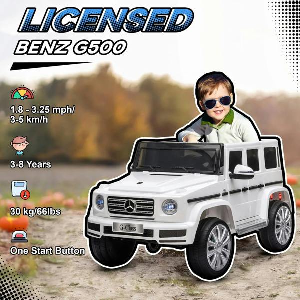 White licensed kids electric ride-on car toy with Mercedes-style front and cartoon child