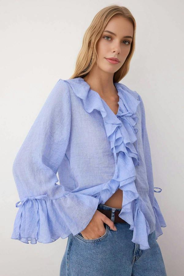 WOVCOR Ruffled Boho Long-Sleeve Woven Blouse