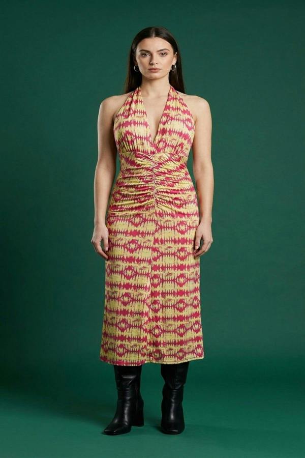 Seraya Halter Neck Ruched Abstract Print Midi Dress - Pink