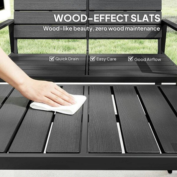 4 Piece Garden Furniture Set, Outdoor Sofa Set with HDPE Slatted Loveseat Armchairs Coffee Table Metal Frame, Black