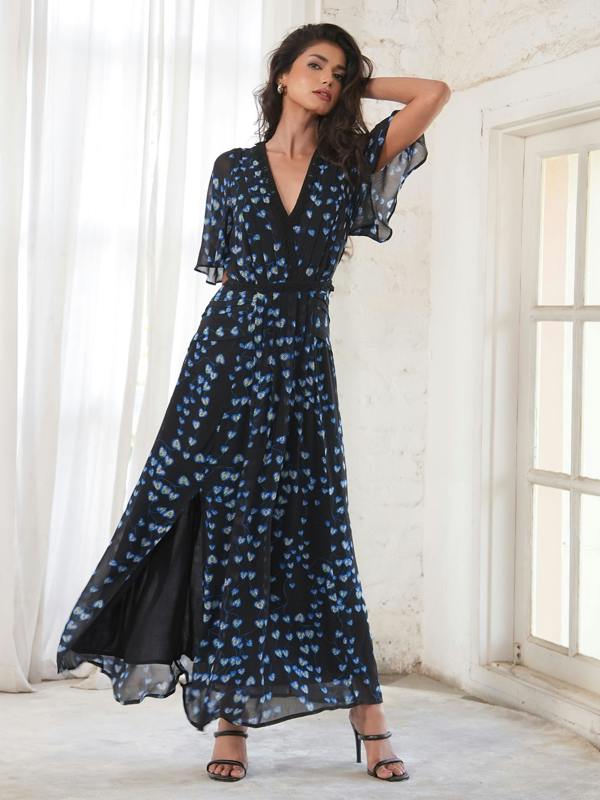 Rose & Nancy Pippa Black Blue Floral Lace trim Maxi Dress