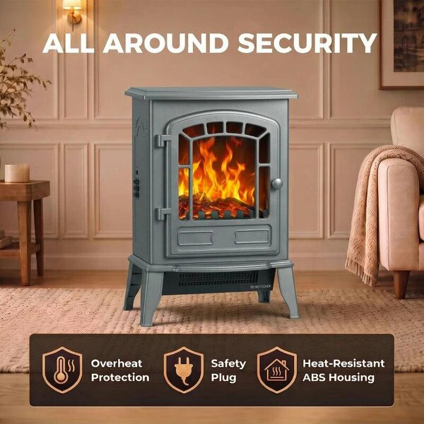 Electric Fireplace Stove, 1000W/2000W, Freestanding Electric Fire with LED Flame Effect, Adjustable Thermostat, Grey