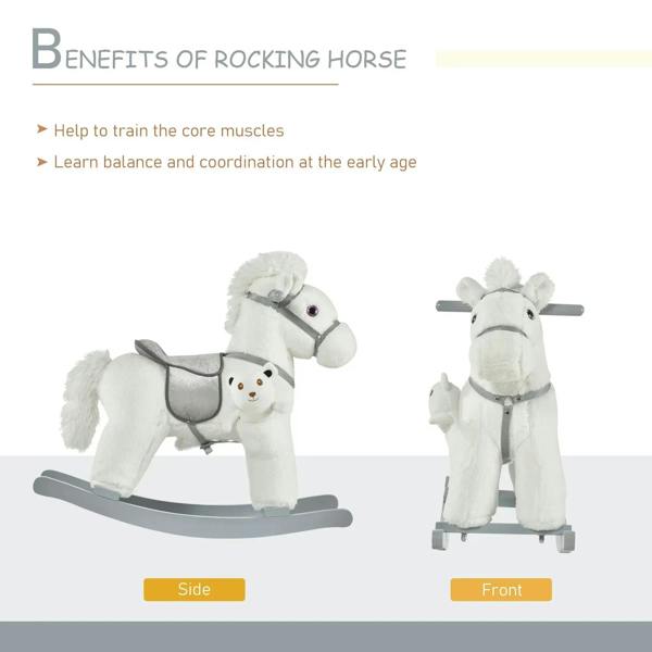 White plush rocking horse toy on gray rocker base, side and front views shown