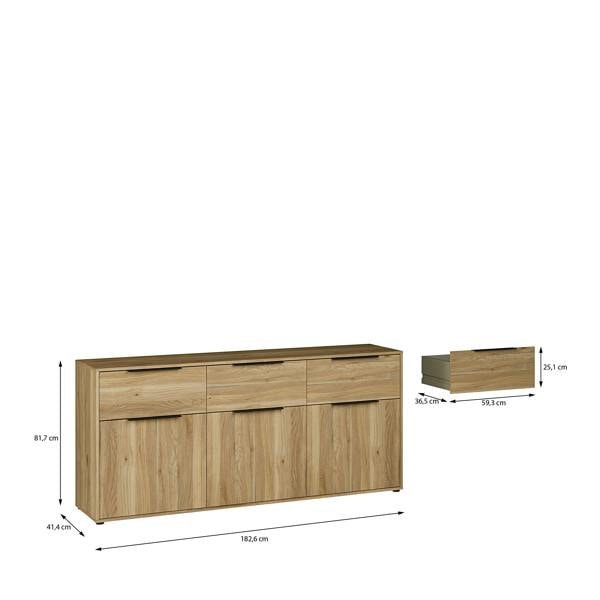 Furniture To Go Orkney 3 Drawer Sideboard with 3 Doors in Mauvella Oak
