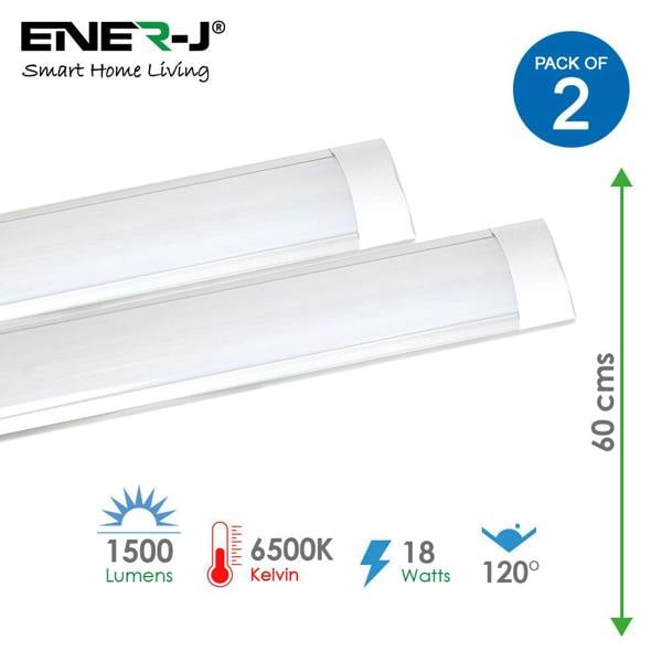 ENER-J Pack of 2 LED Prismatic Batten Fitting Lights, 18W, 60cms, 6500K Daylight for Ceiling of Home & Office, Workshop & Garage Lighting