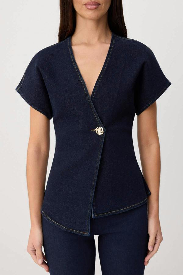 WOVCOR Button Detail V Neck Asymmetric Long Sleeve Blouse