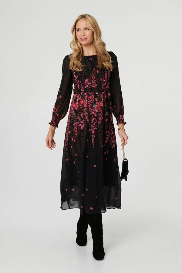 Black | Floral Tie Waist Sheer Layer Maxi Dress
