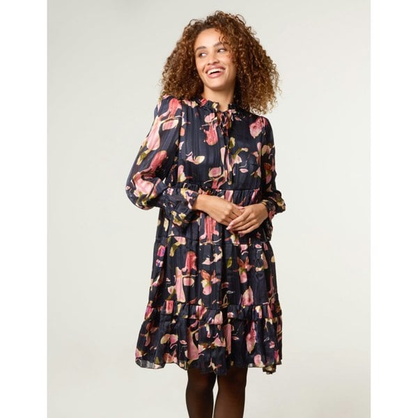 Blue Vanilla Tie Neck Floral Chiffon Smock Dress