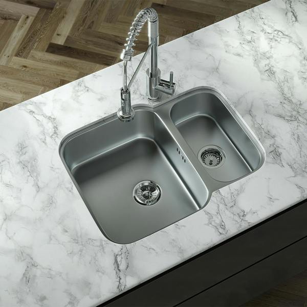 Flode Glan Polished | 1.5 Bowl Stainless Steel Undermount Kitchen Sink | 590 x 460 x 175mm | Chrome Basket Strainer Wastes Included
