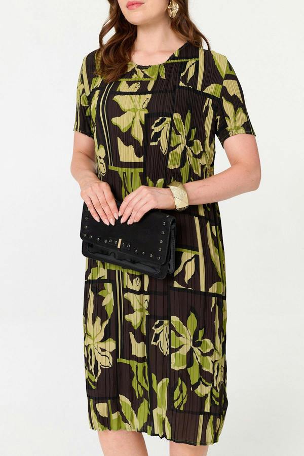 Green | Floral Pleated Textured Midi Shift Dress
