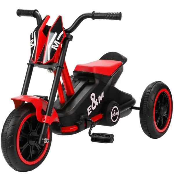 Red kids three-wheel tricycle with pedal, black frame, padded seat and handle grips