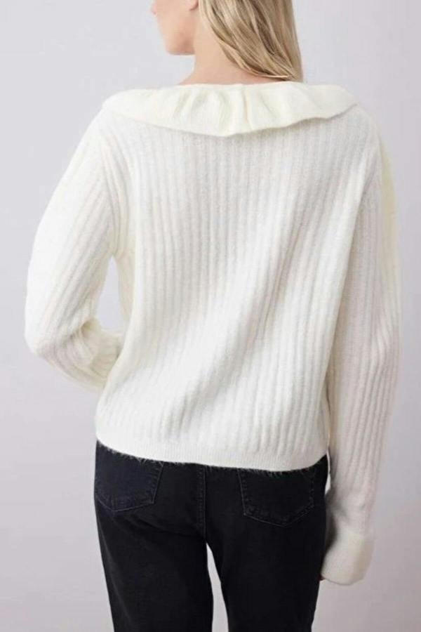 WOVCOR V-Neck Soft Texture Knit Cardigan with Button and Ruffle Detailed