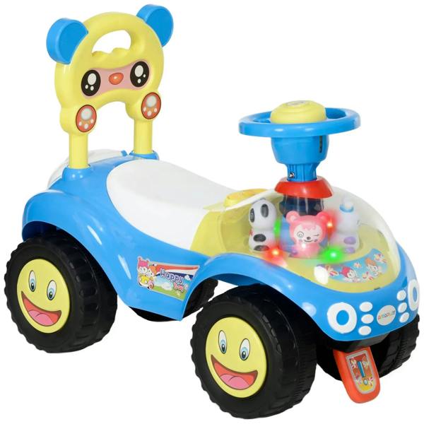 Blue ride-on toy car with character face, glowing lights, and large tread wheels