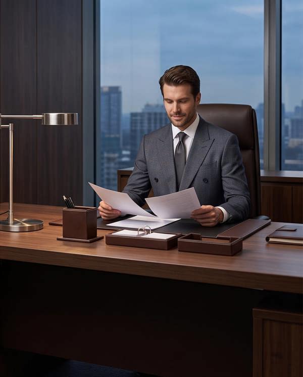 A man in a gray double-breasted suit sits at a wooden desk in a modern office, reading papers. The desk has a silver desk lamp, a pen holder, and a ring tray, with a large window showing a city skyline behind him.