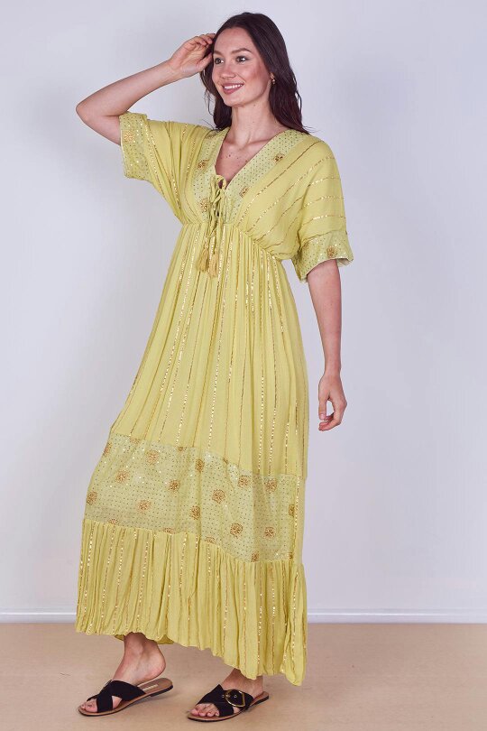 Boho Sequin Square Embroidered Maxi Dress