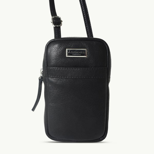 Assots London 'LEO' Black Nappa Real Leather Crossbody Mobile Phone Bag