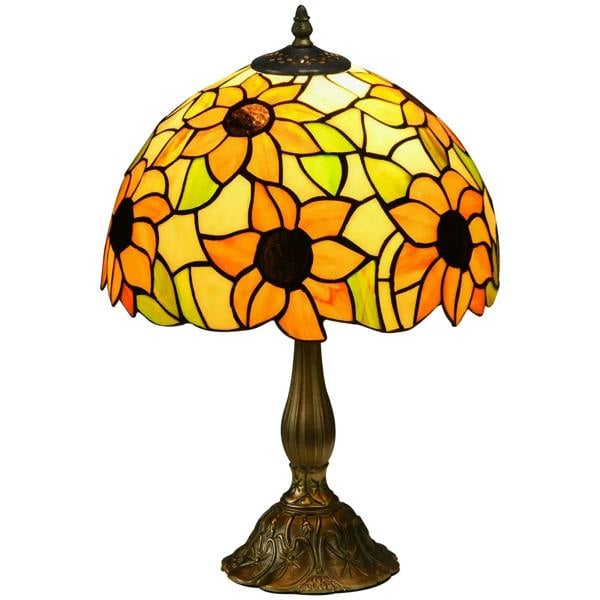 Handmade stained glass table lamp with orange sunflower shade, bronze base
