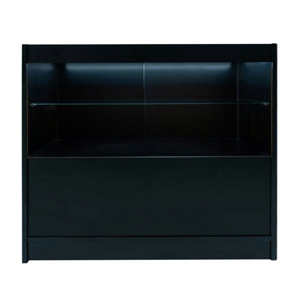 Sleek black LED retail shop counter C1200 featuring a glass shelf and illuminated display area, perfect for showcasing products
