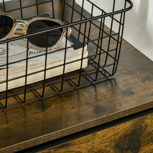 Metal wire basket shelf on industrial storage cabinet base with small items