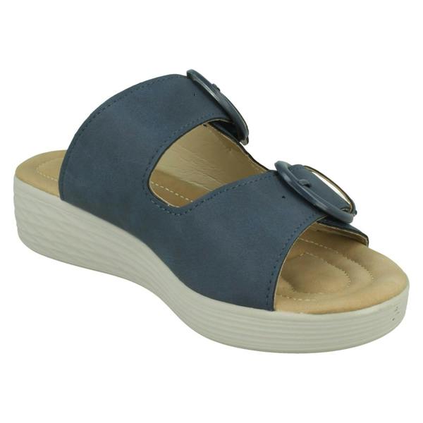 Eaze Ladies Eaze Low Wedge Mule Sandal with Twin Buckle Strap F12077