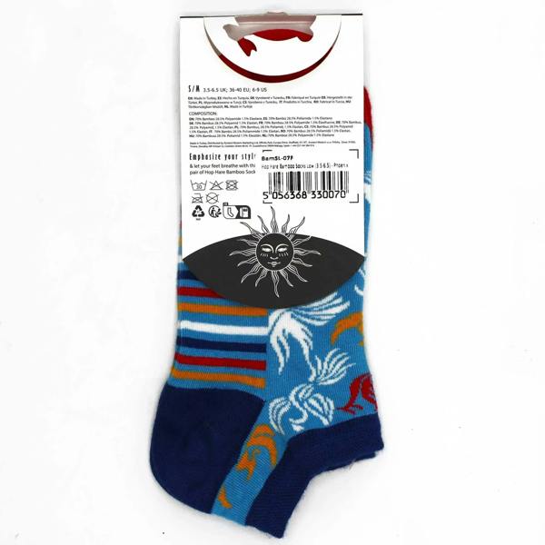 Low bamboo socks with navy blue, multicolor stripes, and orange animal pattern