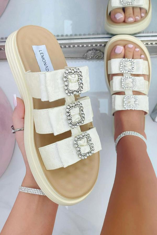 Love Lemonade Crystal Buckle Triple Bow Sliders Beige