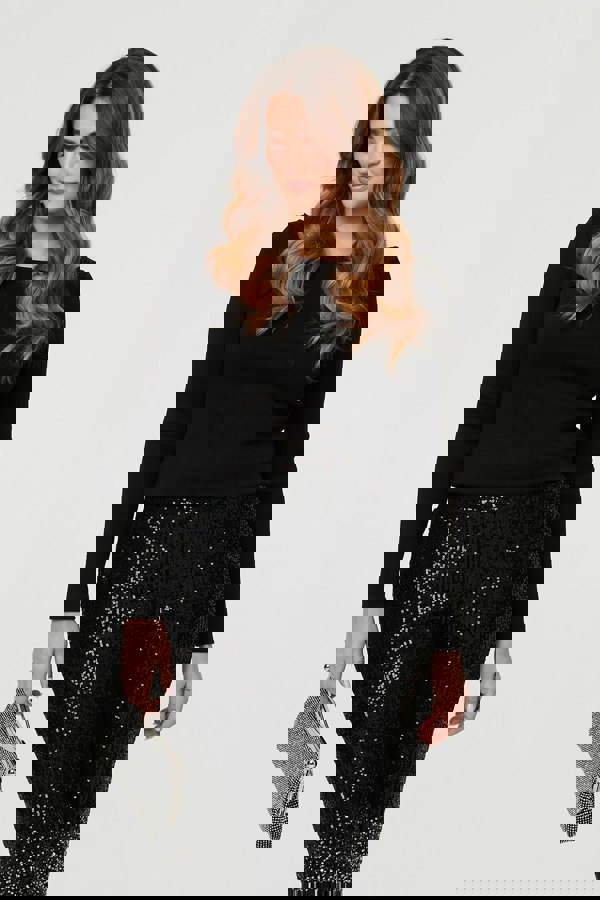 Black | Sparkly Sequin High Waist Flare Trousers
