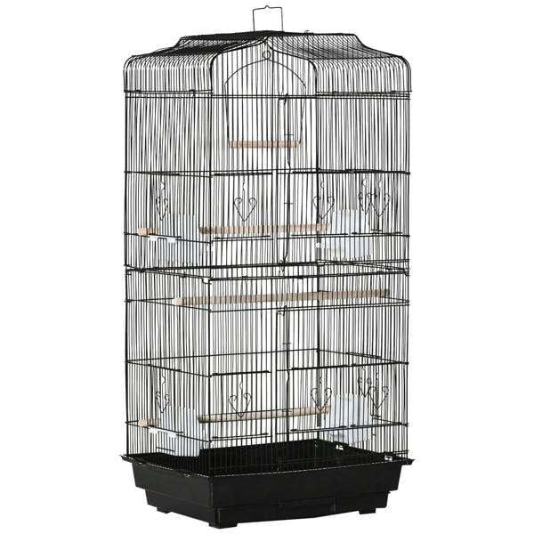 Large black metal bird cage with domed top, internal perches and hanging swing