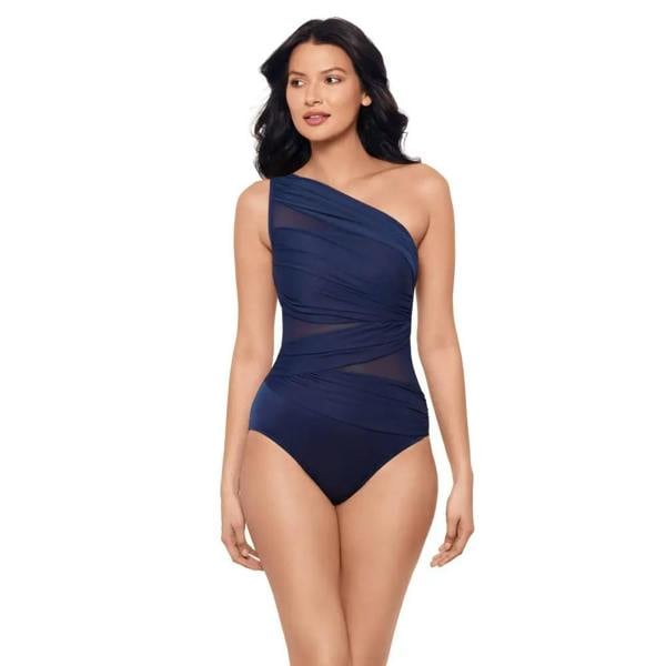 Navy blue Miraclesuit Network Jena swimsuit with one-shoulder sheer mesh overlay