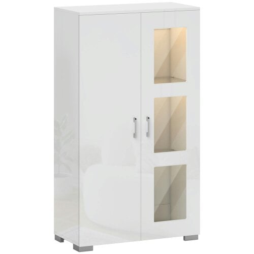 Wyld Haus Sora Coma High Gloss White Tall Storage Cabinet Glass Doors 2 Shelves with LED Lighting