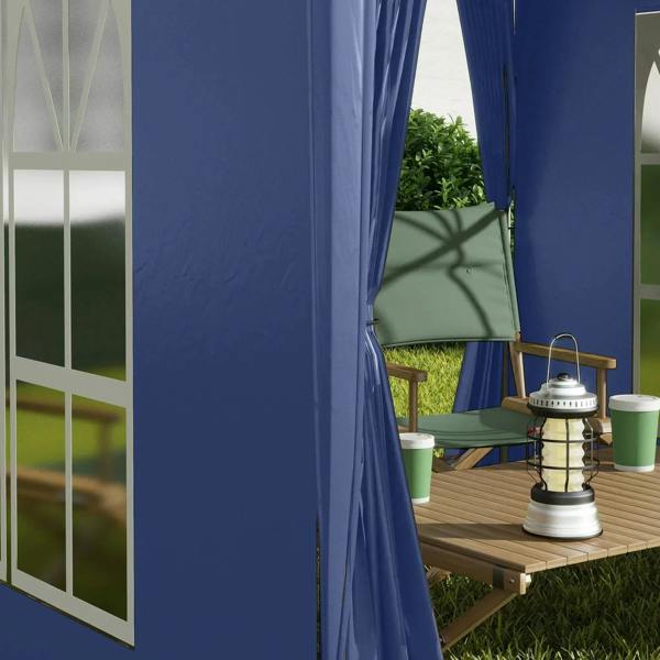Blue pop-up gazebo sidewall with window panel and curtain drape