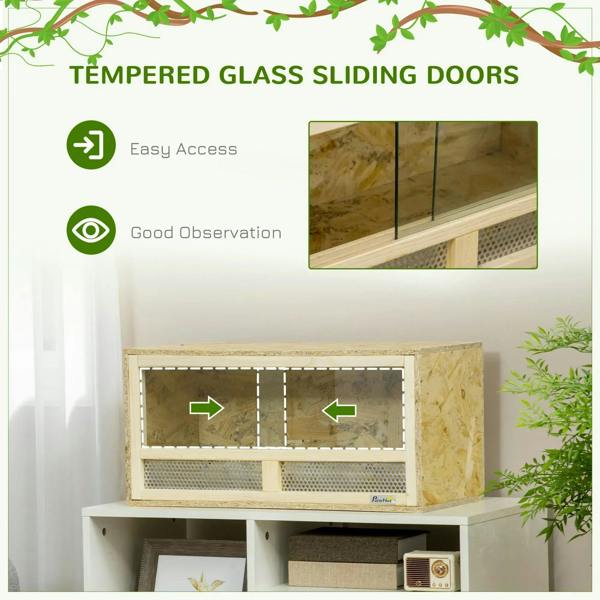 Reptile terrarium graphic: tempered glass sliding doors with front mesh vent