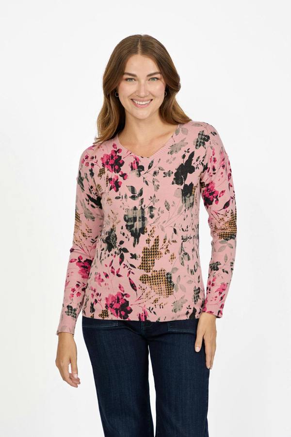 Mudflower Floral Print V-Neck Lightweight Knit Jumper