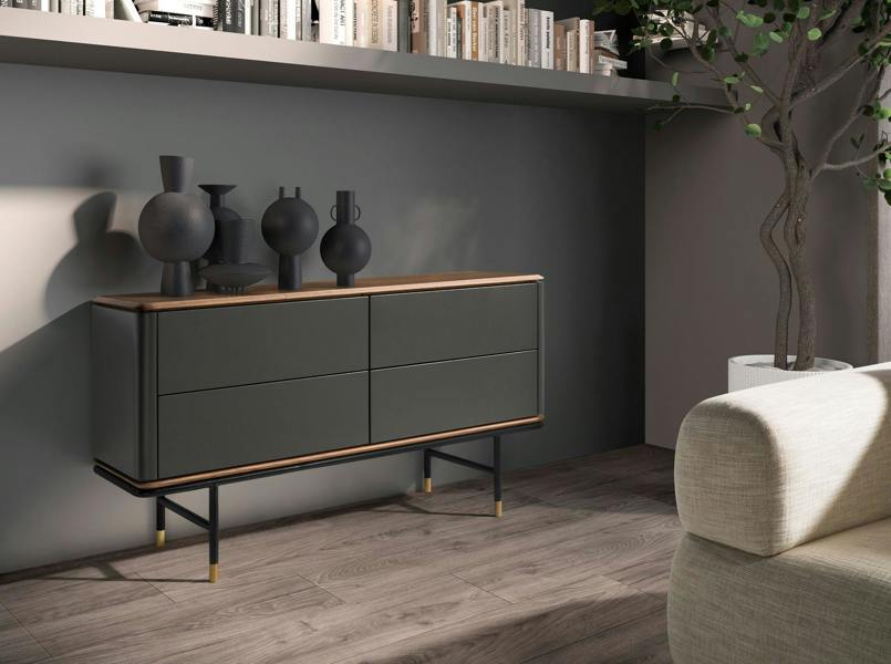Angel Cerdá Chest of Drawers Dark Grey Matt Wood, Black Steel and Walnut Top 7172