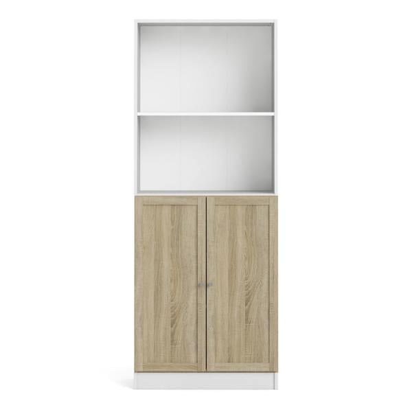 Furniture To Go Basic Tall Wide Combination Storage in White (4 Shelves) with 2 Oak Doors