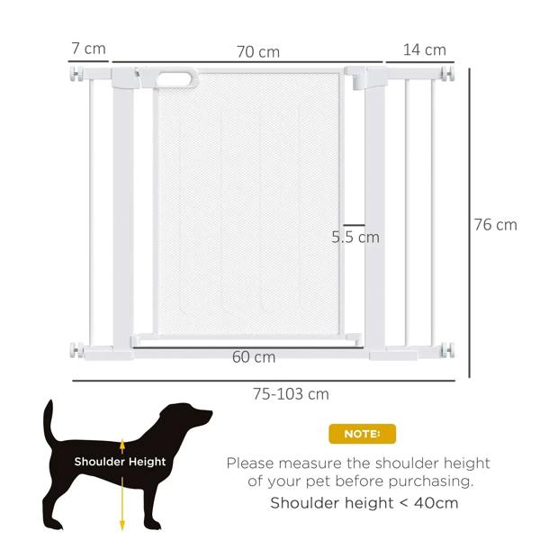 White pet safety gate with mesh panel shown with size dimensions and side posts