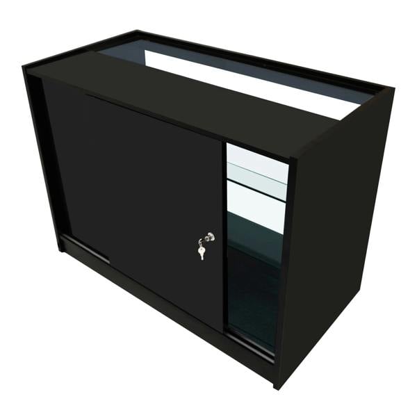 Black Astro LED shop counter set featuring sliding doors, glass shelves, and a sleek, modern design, ideal for retail displays