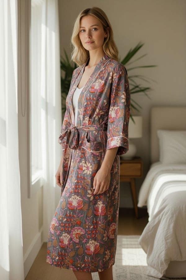Hayley & Co Grey and Pink Block Print Flower Print 100% Cotton Dressing Gown