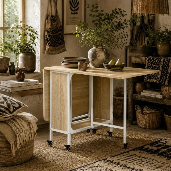 Wyld Haus Suni Reta Wooden Natural And White Drop Leaf Dining Table Seating 6