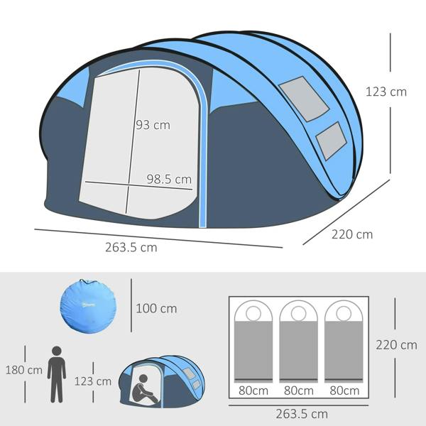 4-person pop-up dome tent diagram showing window panels and interior layout