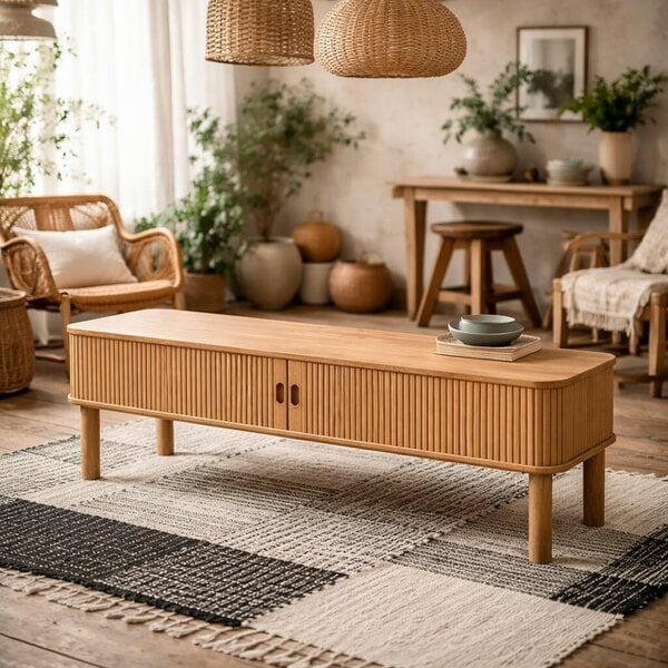Wyld Haus Copenhagen Natural Oak Wood Etched TV Unit 2 Tambour Doors