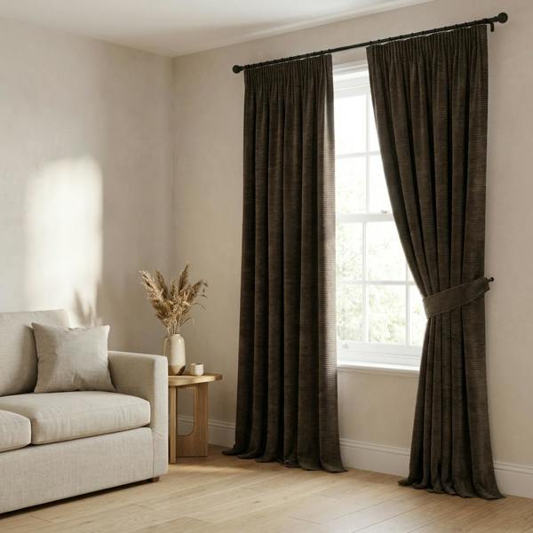 Larissa made-to-measure curtains in Phantom, styled in a living room