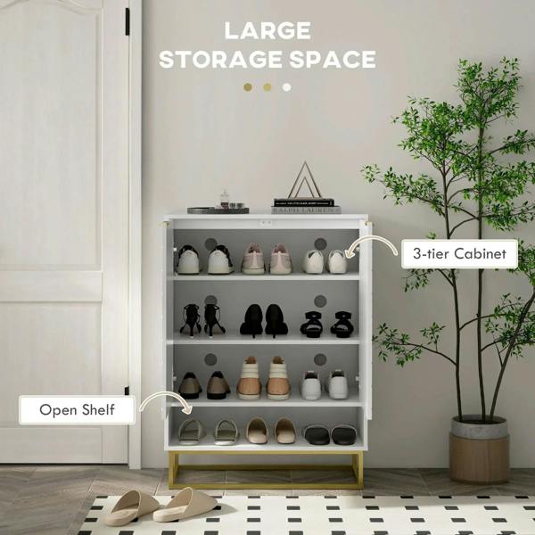 White shoe storage cabinet with open shelves and multiple tiers, chevron door front