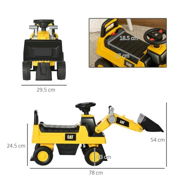 Yellow CAT foot-to-floor ride-on excavator toy with front bucket and rear shovel