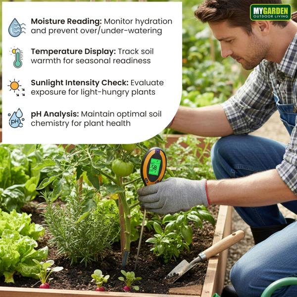My Garden Digital Soil Meter 4-in-1 - PH Meter for Soil, Moisture Meter, Temperature & Sunlight Sensor - Plant Moisture Tester