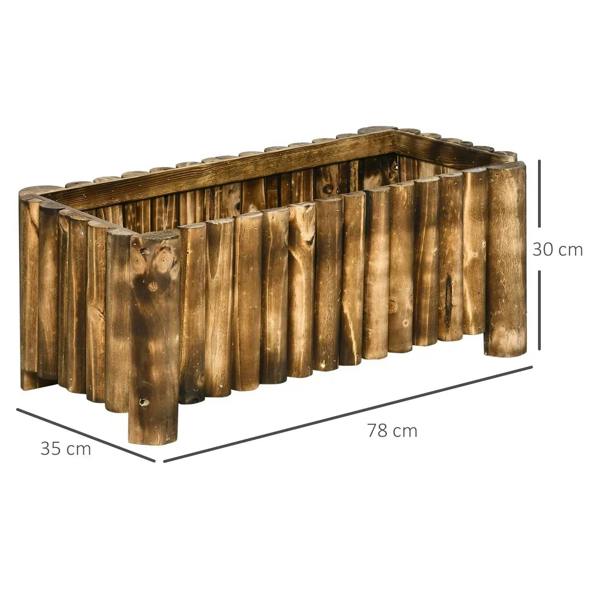 Rectangular wooden raised planter with four short legs and open top for planting