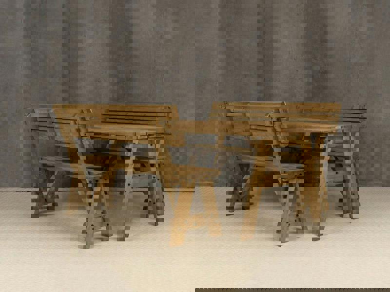 Victoria Space-Saving Picnic Table and Benches Set with Backrest – Rustic Finish Wooden Outdoor Dining Set for Gardens and Patios
