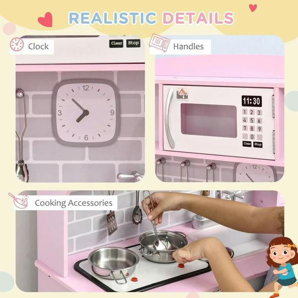 Pink kids kitchen playset with clock face and microwave display, plus cooktop cooking accessories