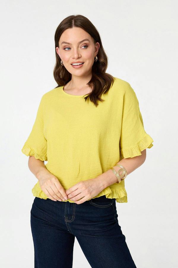 Yellow | Frill Hem 1/2 Sleeve Relaxed Top